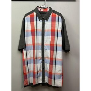 Sean John Shirt Mens 2XL Gray Red Plaid Colorblock Short Sleeve Button Front